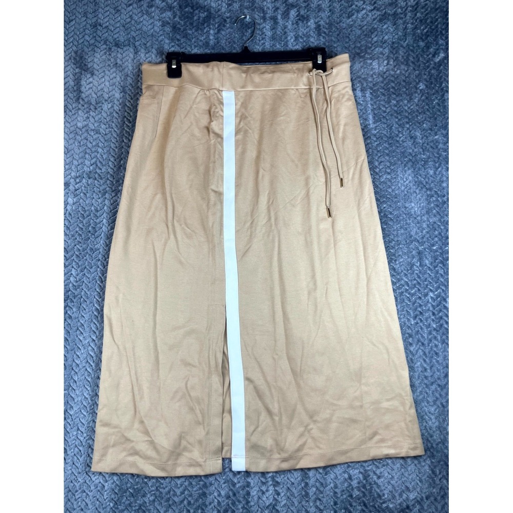Anne Klein Midi Skirt Womens Large Beige Vertical Stripe Drawstring Front Slit